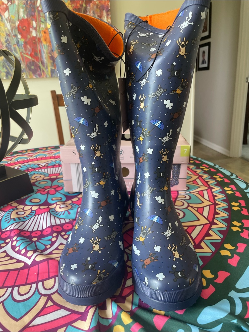 Navy Rain Boots with Playful Dog & Umbrella Print for women